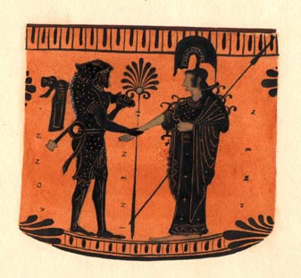 157 black figure on red ground, heracles and athena